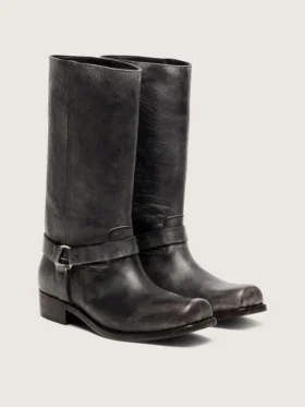 Botas moteras altas para hombre de piel negra con correa y hebilla plateada