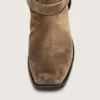 Botas moteras altas para mujer en ante encerado beige oscuro con correa y hebilla plateada