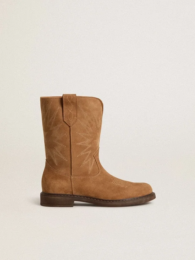 Botas Wish Junior de ante color camel con bordado de estrellas