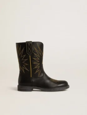Botas Wish Junior de piel negra con estrella bordada en amarillo