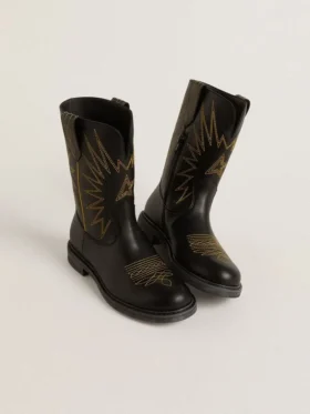 Botas Wish Junior de piel negra con estrella bordada en amarillo