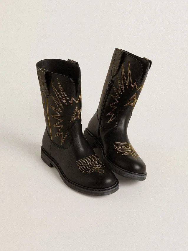 Botas Wish Junior de piel negra con estrella bordada en amarillo