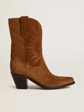 Botas Wish Star de caña baja en ante color coñac con estrella bordada tono sobre tono