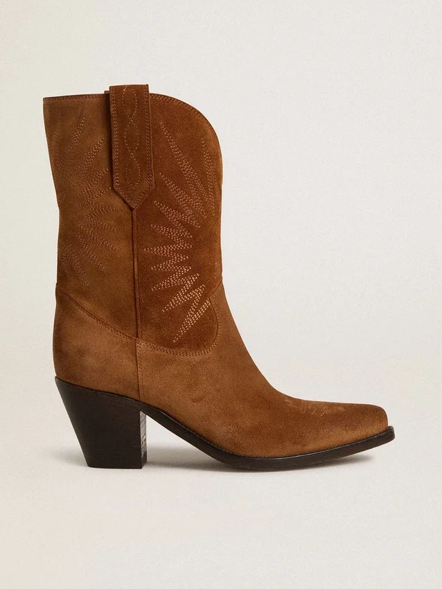 Botas Wish Star de caña baja en ante color coñac con estrella bordada tono sobre tono