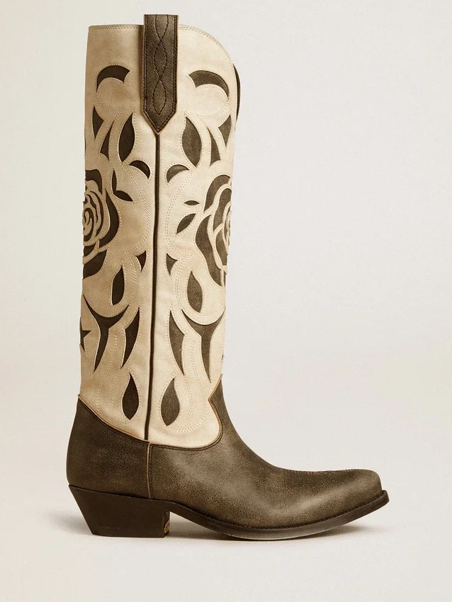 Botas Wish Star en piel negra y blanca con incrustaciones de rosas y estrellas