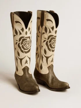 Botas Wish Star en piel negra y blanca con incrustaciones de rosas y estrellas