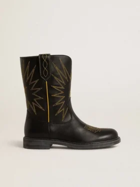 Botas Wish Teen de piel negra con estrella bordada en amarillo