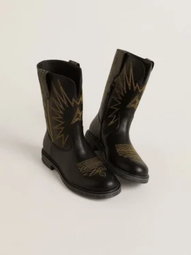 Botas Wish Teen de piel negra con estrella bordada en amarillo