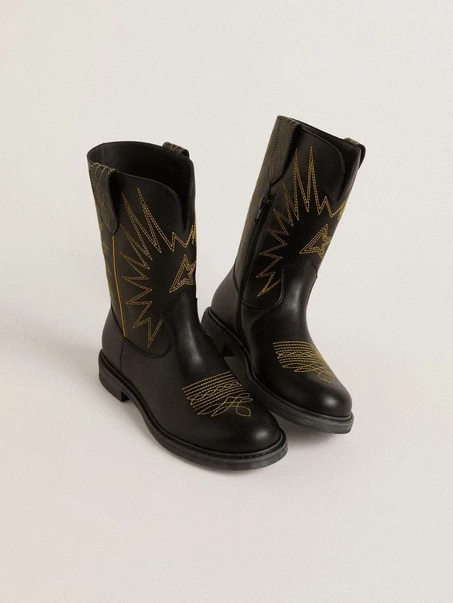 Botas Wish Teen de piel negra con estrella bordada en amarillo