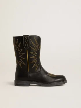 Botas Wish Young de piel negra con bordado de estrella amarilla