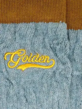 Calcetines acanalados de color azul claro con detalles marrones y logotipo amarillo