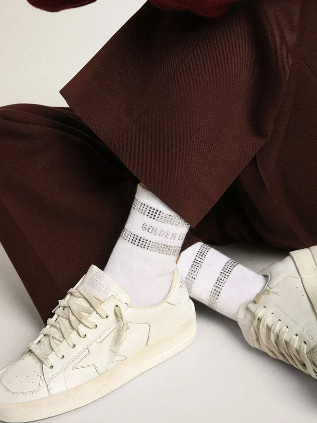 Calcetines unisex de algodón blanco con cristales decorativos