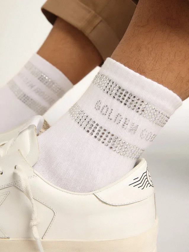 Calcetines unisex de algodón blanco con cristales decorativos