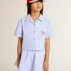 Camisa corta para niñas de algodón a rayas azul claro