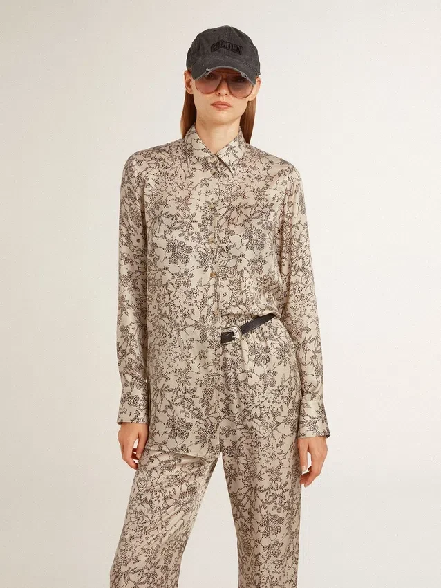 Camisa de pijama de mezcla de seda para mujer con estampado floral