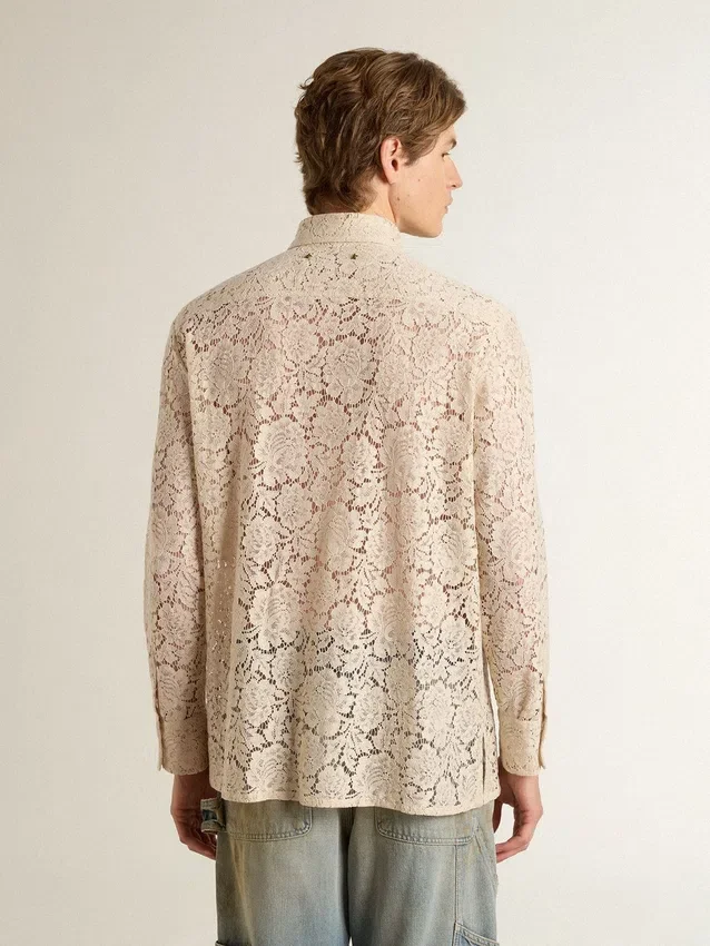 Camisa oversize de encaje transparente en color crema