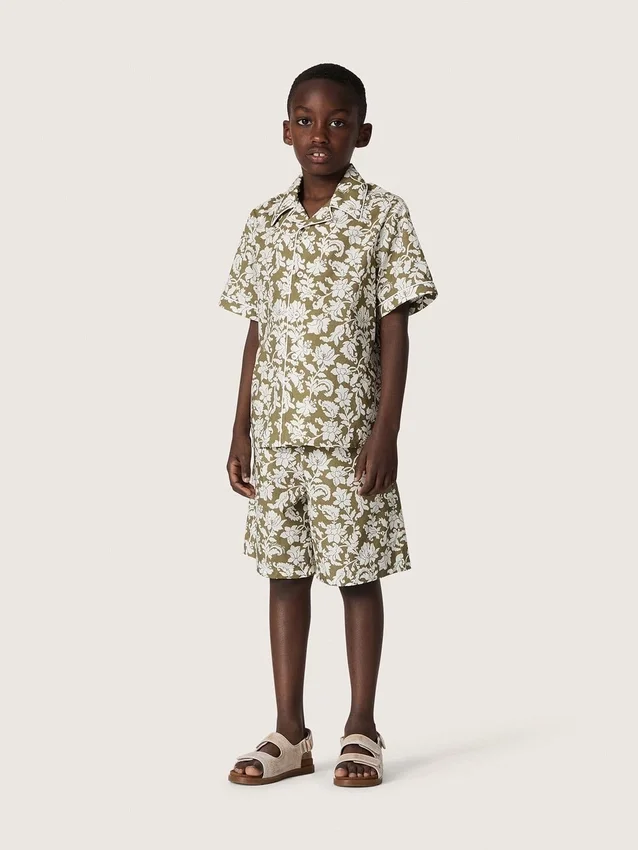Camisa para niño «Journey» de lona de algodón con estampado floral verde y blanco