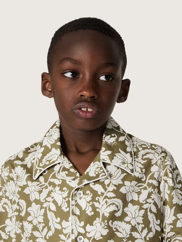 Camisa para niño «Journey» de lona de algodón con estampado floral verde y blanco