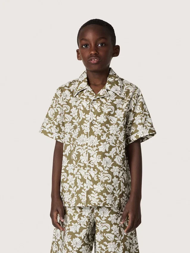 Camisa para niño «Journey» de lona de algodón con estampado floral verde y blanco