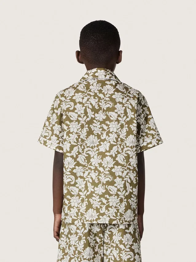 Camisa para niño «Journey» de lona de algodón con estampado floral verde y blanco