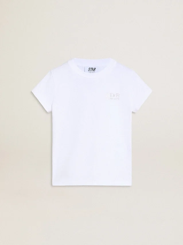 Camisas blancas y plateadas con logotipo y estrella grande con purpurina plateada