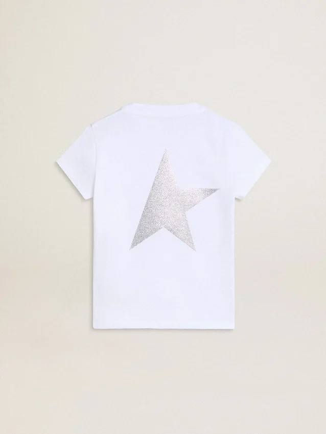 Camisas blancas y plateadas con logotipo y estrella grande con purpurina plateada