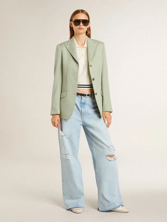 Camisas cortas de mujer de algodón blanco desgastado con ribetes azules