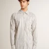 Camisas de algodón blancas para hombre con finas rayas burdeos