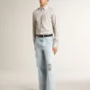Camisas de algodón blancas para hombre con finas rayas burdeos