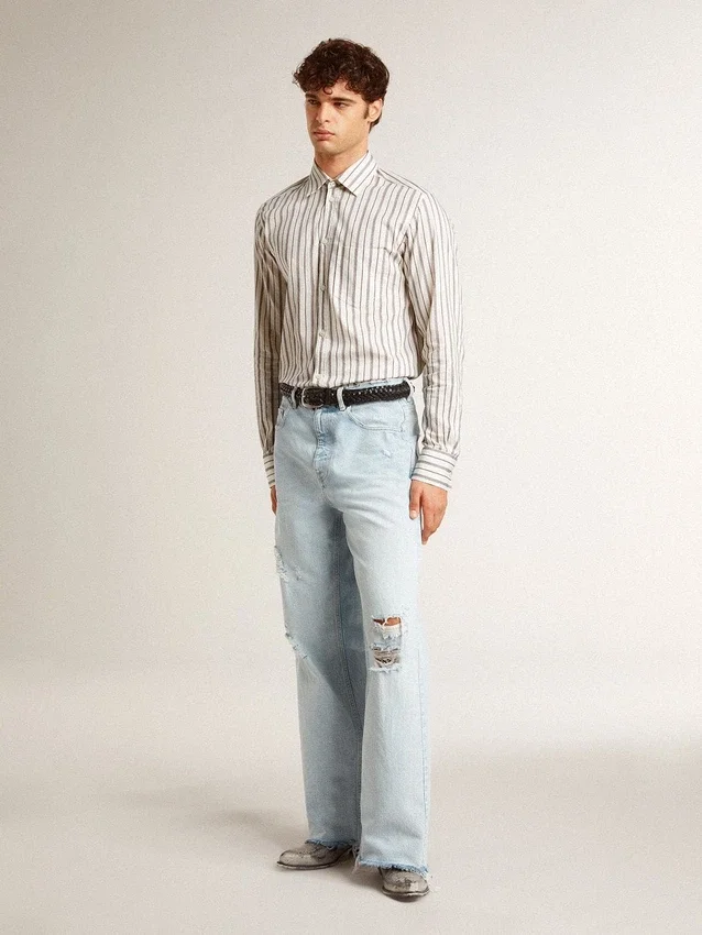 Camisas de algodón blancas para hombre con finas rayas burdeos