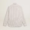 Camisas de algodón blancas para hombre con finas rayas burdeos