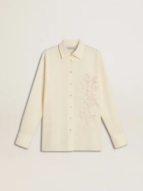Camisas de algodón color crema para mujer con bordados florales