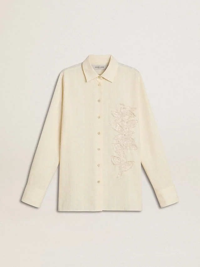 Camisas de algodón color crema para mujer con bordados florales