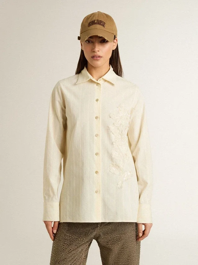 Camisas de algodón color crema para mujer con bordados florales