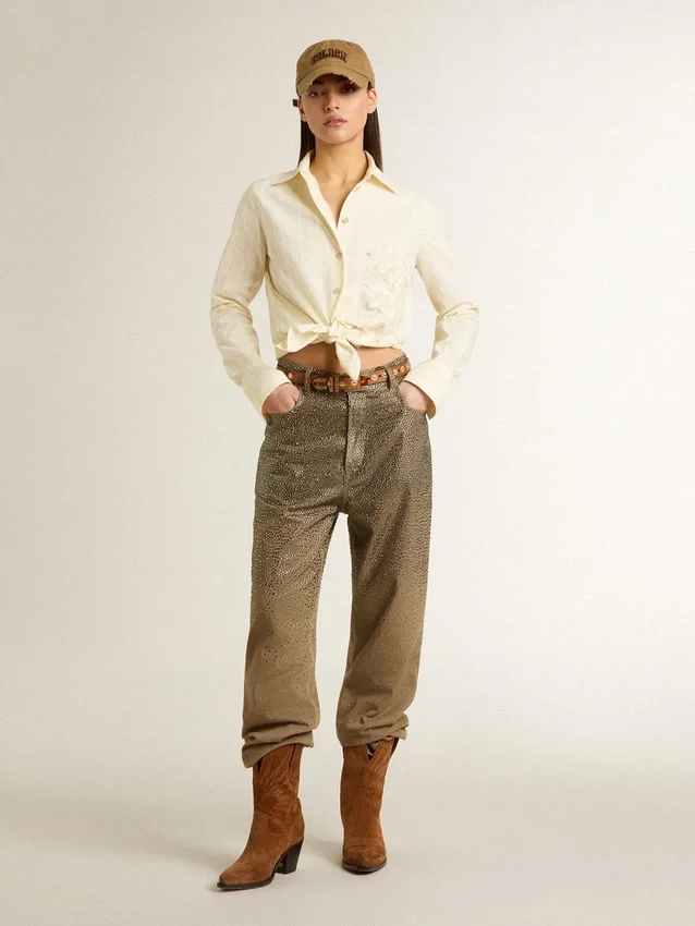 Camisas de algodón color crema para mujer con bordados florales