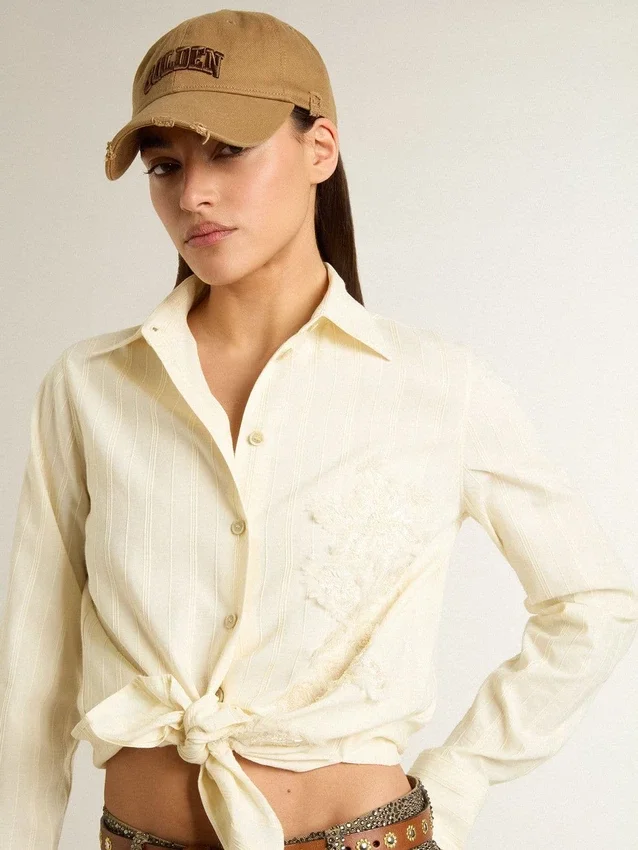 Camisas de algodón color crema para mujer con bordados florales