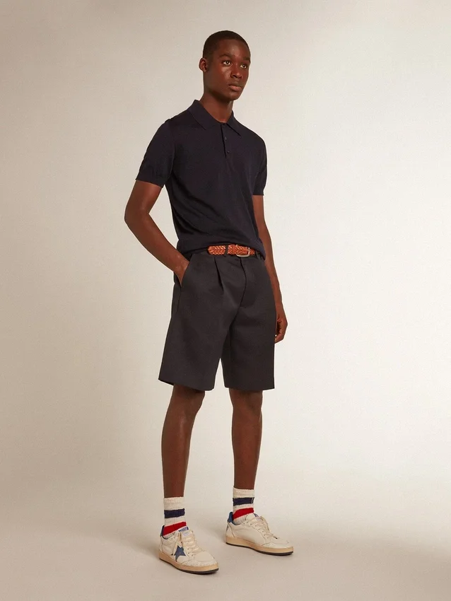 Camisas de manga corta para hombre en lana merina azul marino