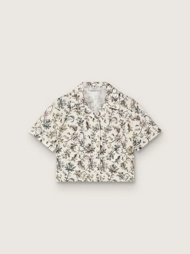 Camisas de manga corta para niñas «Journey», de lona de algodón blanca con estampado floral verde