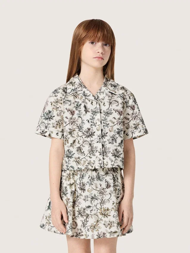 Camisas de manga corta para niñas «Journey», de lona de algodón blanca con estampado floral verde