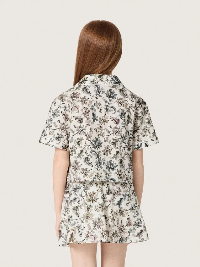Camisas de manga corta para niñas «Journey», de lona de algodón blanca con estampado floral verde