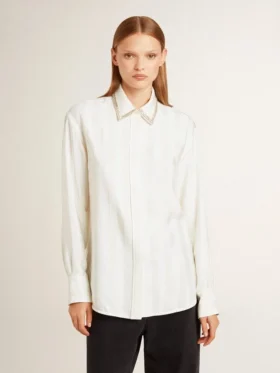 Camisas de mujer con estampado de rayas verticales y bordado de cristales