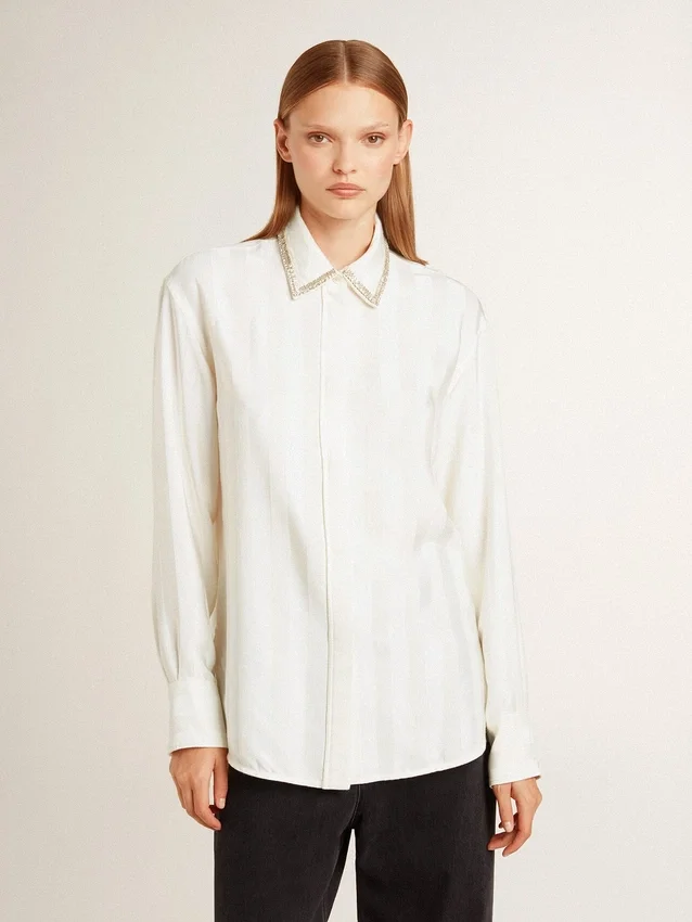 Camisas de mujer con estampado de rayas verticales y bordado de cristales
