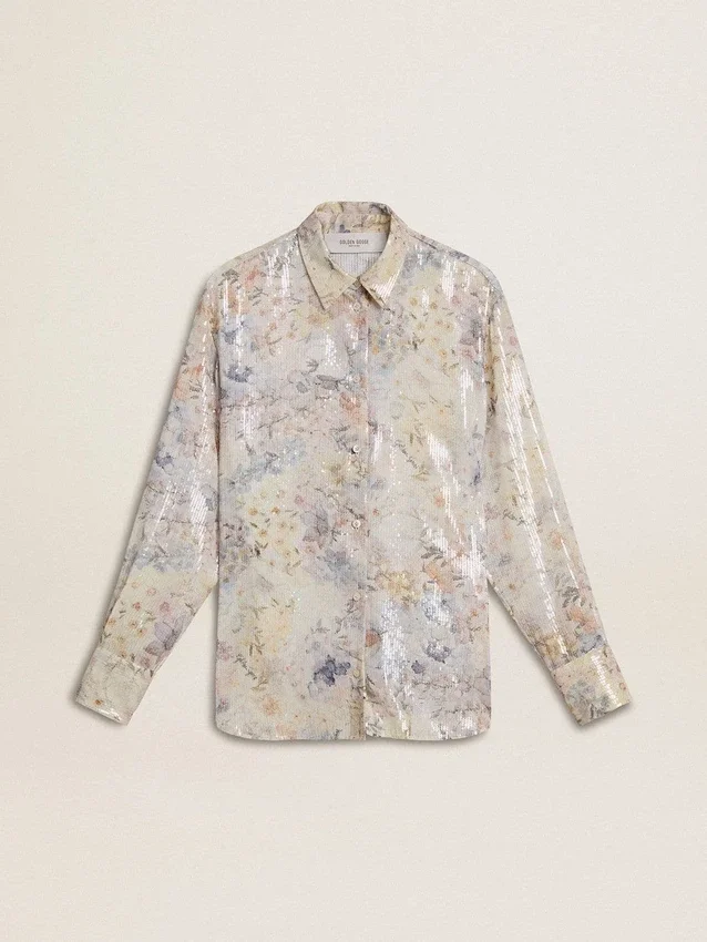 Camisas de mujer con estampado floral multicolor de lentejuelas