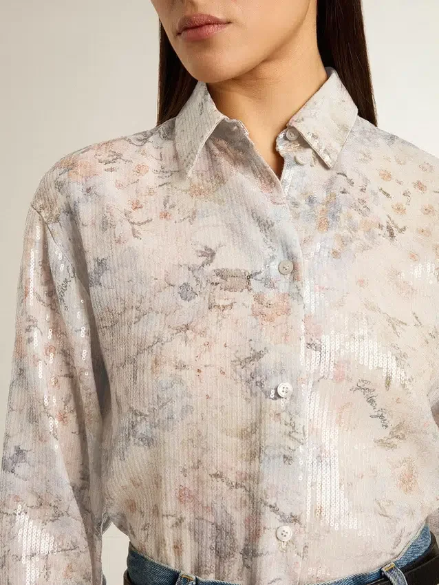 Camisas de mujer con estampado floral multicolor de lentejuelas