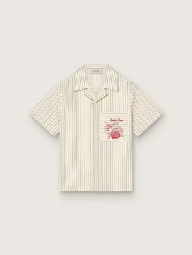 Camisas de niños a rayas en colores crudo, beige y gris con bordado «Frutteria Golden»