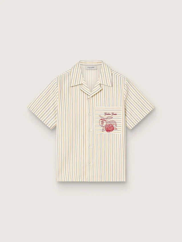 Camisas de niños a rayas en colores crudo, beige y gris con bordado «Frutteria Golden»