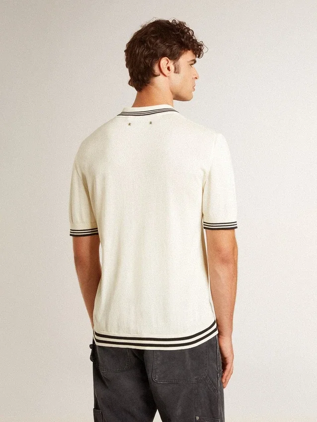 Camisas de punto para hombre en blanco desgastado con ribetes azules