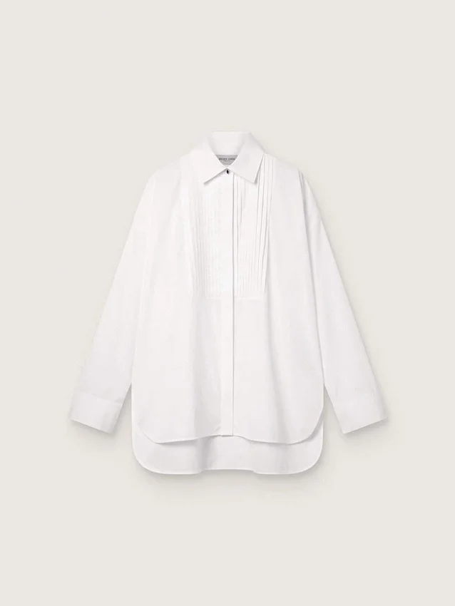 Camisas oversize de mujer en algodón blanco con detalle plisado y botones de joyería