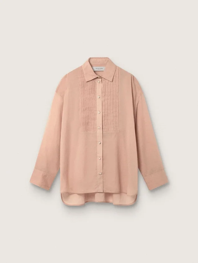 Camisas oversize de mujer en gasa de algodón color coral con detalle plisado