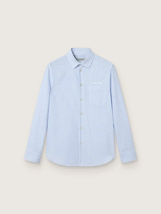 Camisas para niños de algodón a rayas azul claro y blancas con logotipo bordado